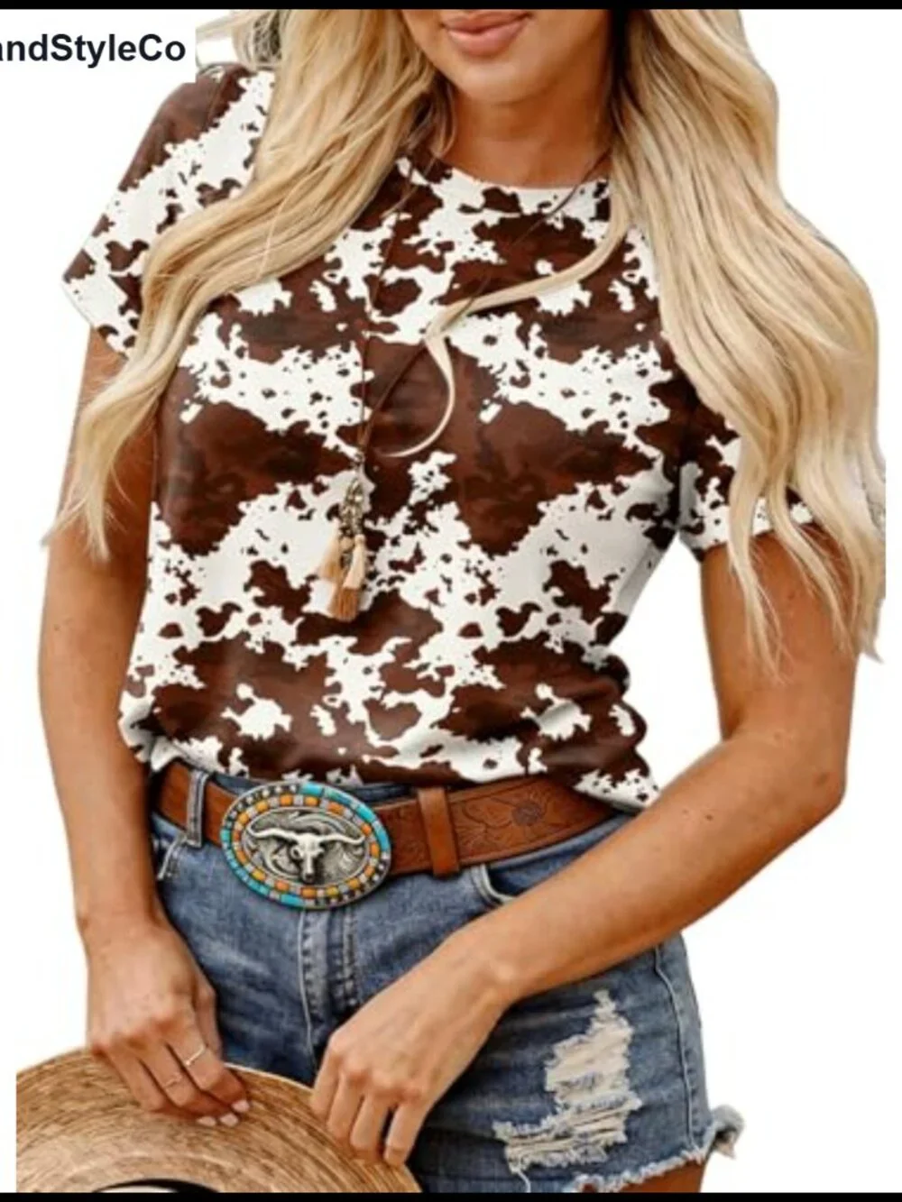 Faux Leather Oval Buckle Western Belt with Longhorn Detail